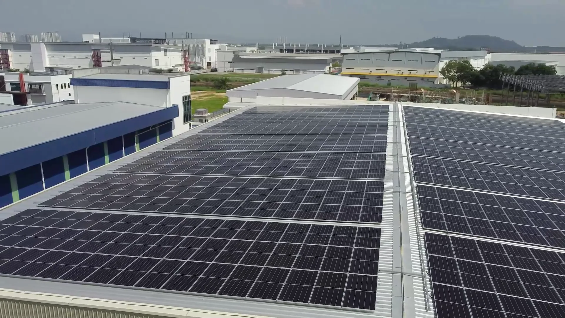 Drone footage of the rooftop solar panel array at SEA Asia Pacific headquarters